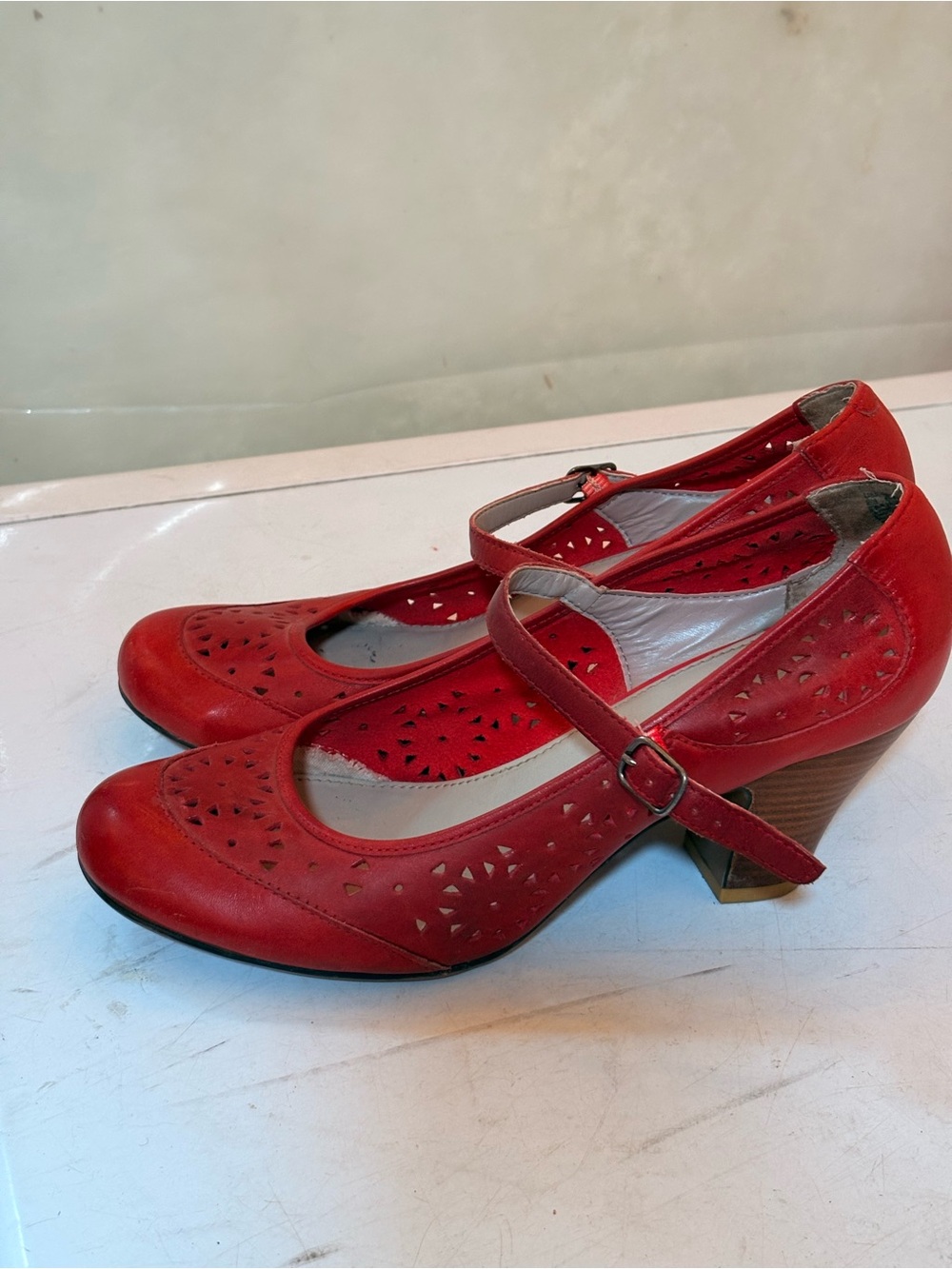 Hush Puppies Red Mary Jane Heels with Perforated Detail